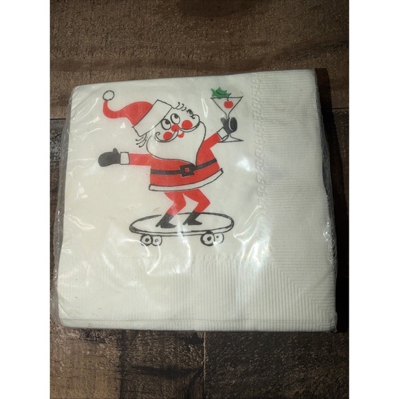 Other - Vtg Christmas Paper Cocktail Napkins Sealed Mid Century Santa Skateboard Martini